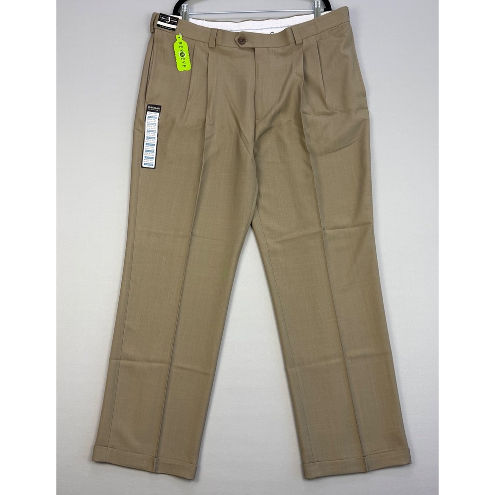 NWT Haggar E-Clo Dress Pants Taupe 40x32 Pleated Cuffed Classic Fit Expandable
